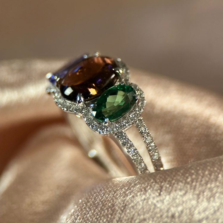 14K 2.97ct Turmalin, Tanzanit & Tsavorit Diamantring