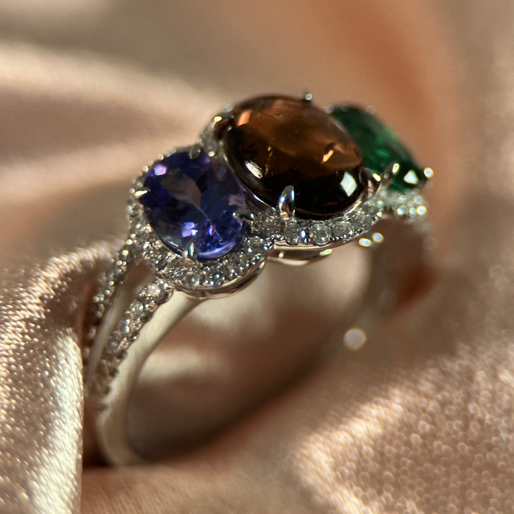 14K 2.97ct Turmalin, Tanzanit & Tsavorit Diamantring