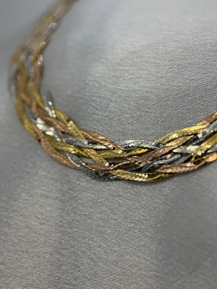 18K Tricolor Braided Link Necklace – 16.7g, 42 cm