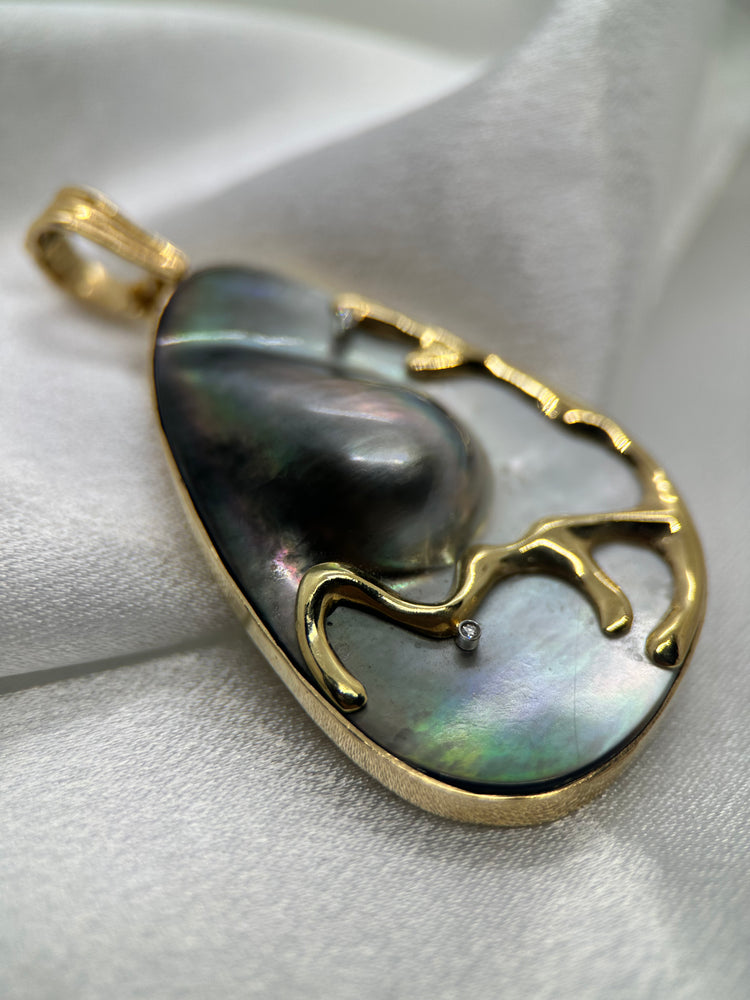 14K Gold Pendant with Blister Mother of Pearl and Diamonds