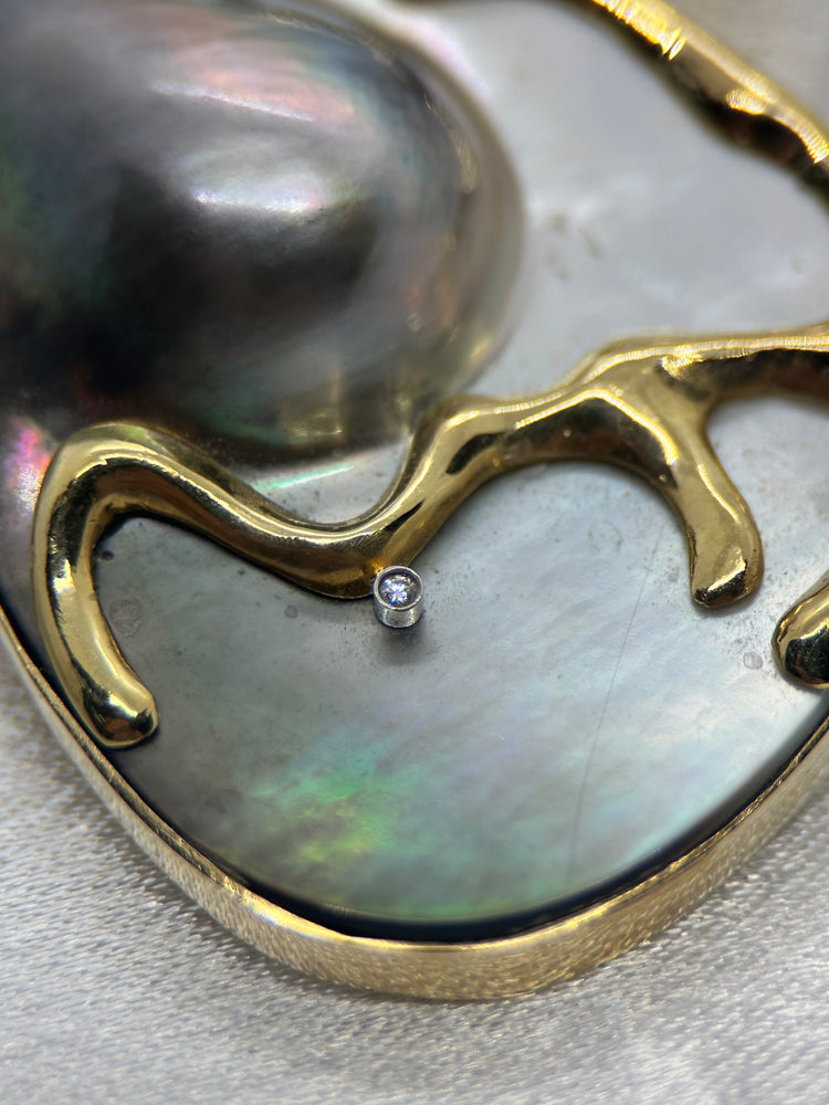 14K Gold Pendant with Blister Mother of Pearl and Diamonds