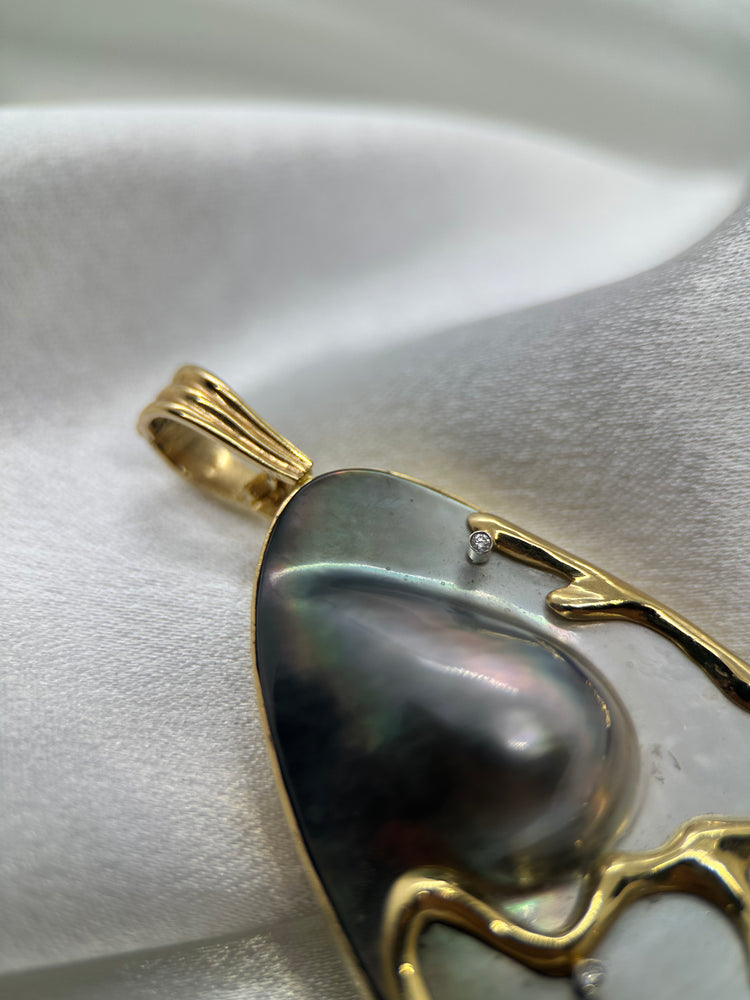14K Gold Pendant with Blister Mother of Pearl and Diamonds