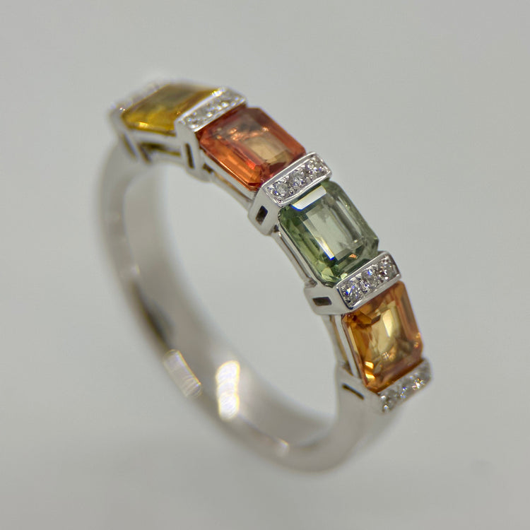 14K Vitguldsring med Flerfärgade Safirer & Diamanter