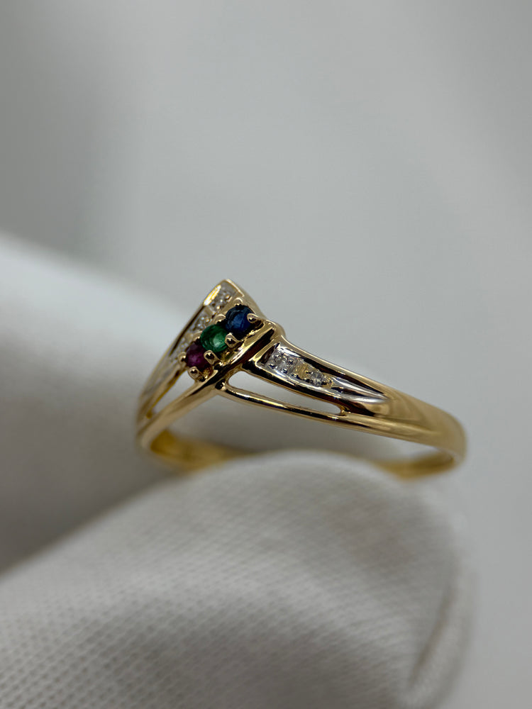 18K Ädelstenring med diamanter – Smaragd, Safir & Rubin, Storlek 59