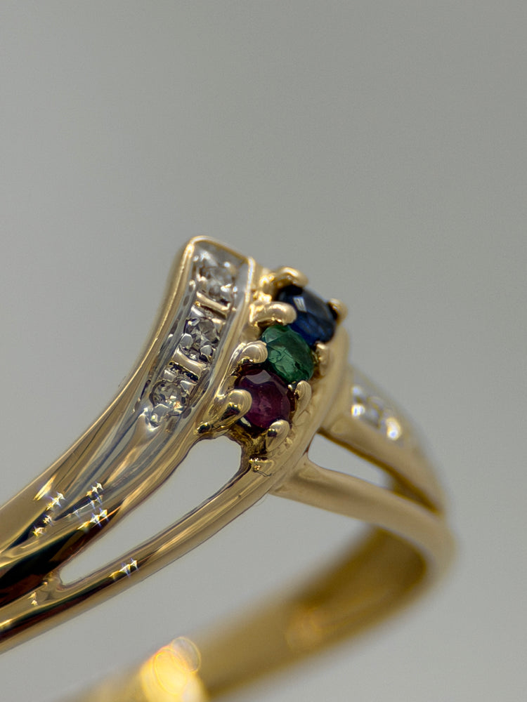 18K Ädelstenring med diamanter – Smaragd, Safir & Rubin, Storlek 59